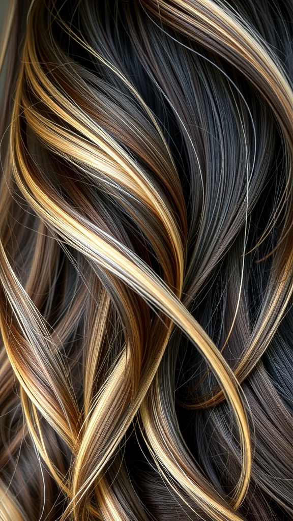 Close-up of dark hair with wispy blonde highlights