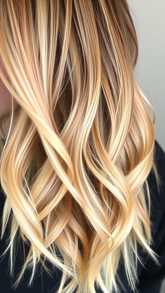 A close-up of hair featuring two-tone blonde highlights with waves.