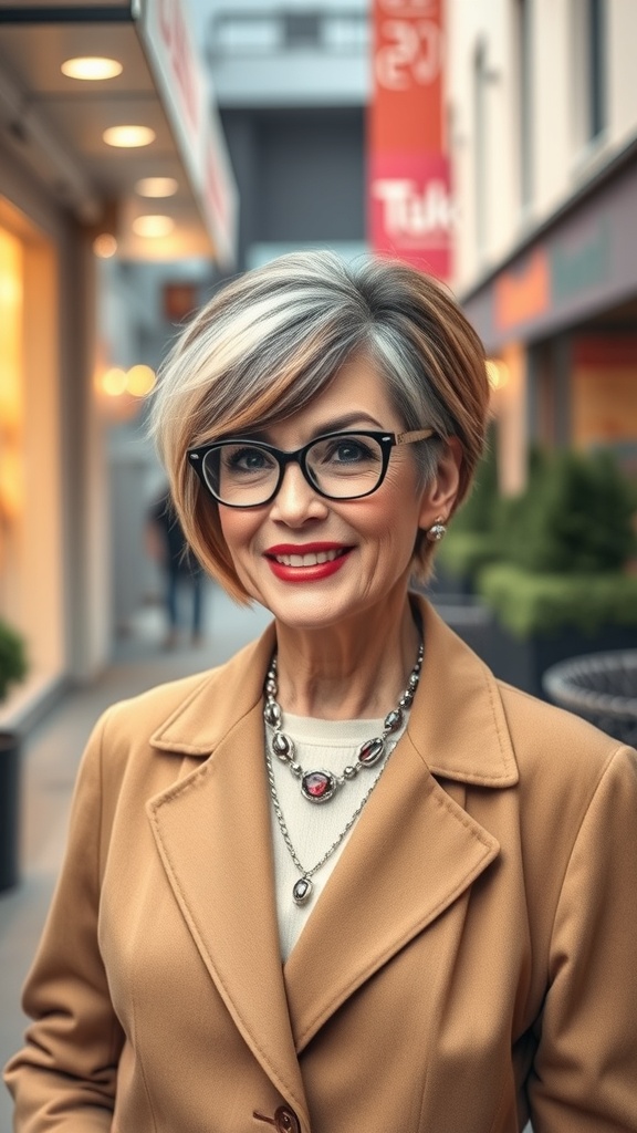 A stylish woman over 60 with a two-tone shag hairstyle, wearing glasses and a chic outfit.
