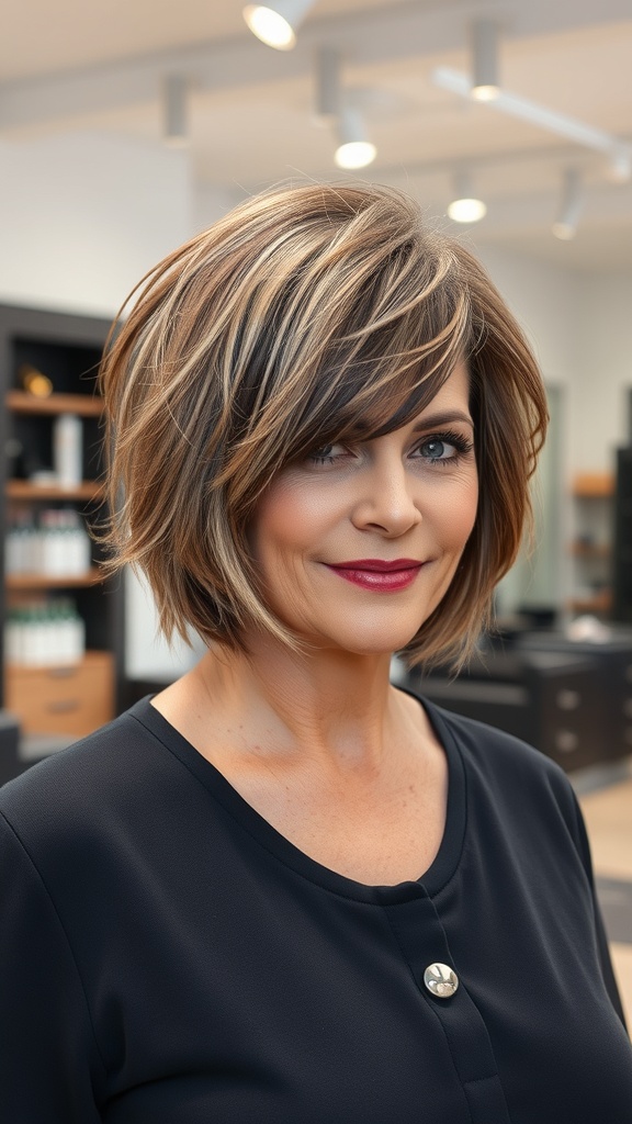 A woman with a textured shag haircut featuring shadow root color, smiling in a salon setting.