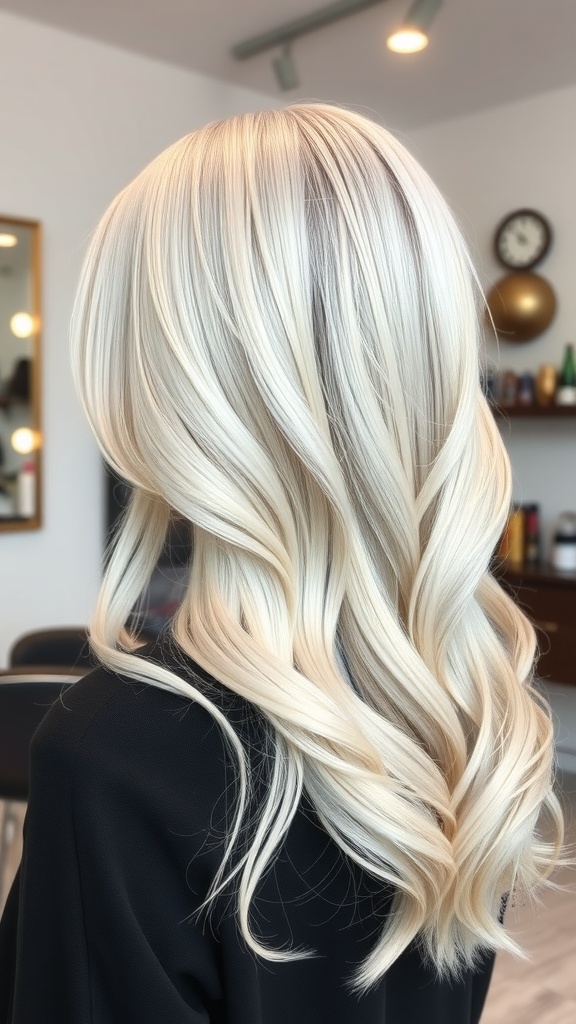 A hairstyle featuring white blonde highlights on a platinum base, styled in soft waves.