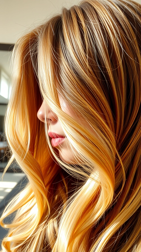 A close-up of hair with nutmeg-infused blonde highlights, showcasing warm tones and soft curls.