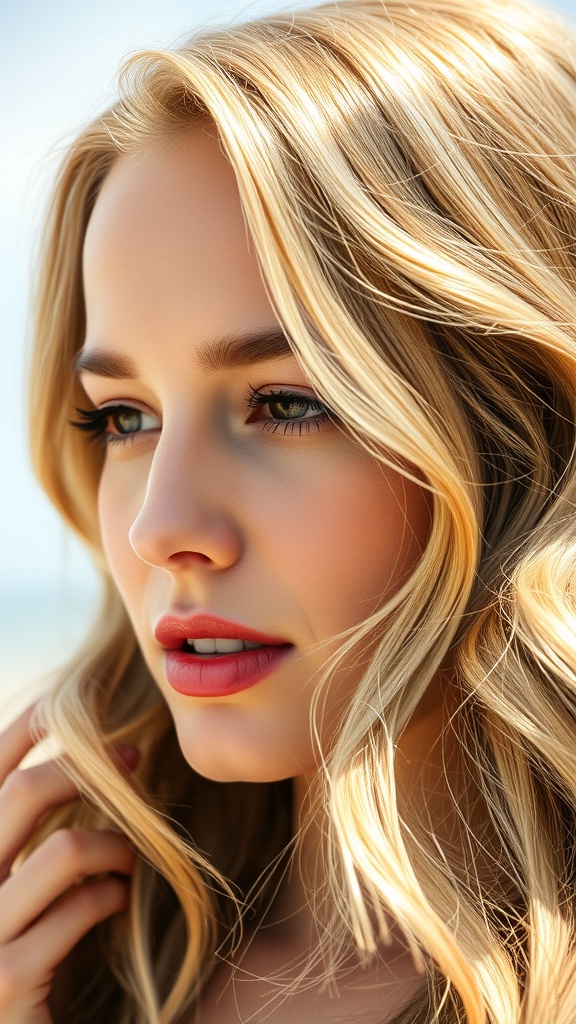 A close-up of a woman with wheat blonde highlights, showcasing soft, golden strands in her hair.