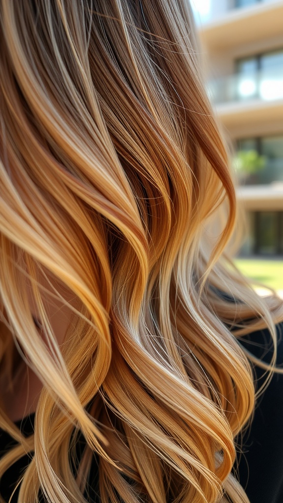 Close-up of hair with muted gold blonde highlights, showcasing soft waves and a natural sun-kissed effect.