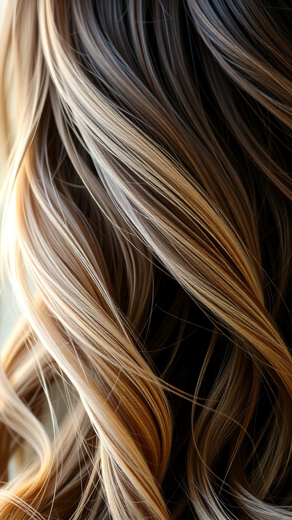 A close-up of wavy hair featuring blonde peekaboo highlights against a darker base.