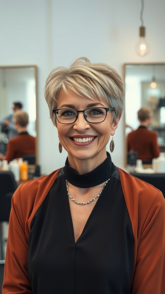A woman with a pixie shag haircut, featuring layered crown, smiling in a salon setting.