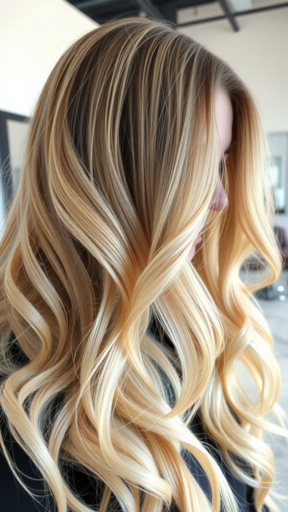 Blonde hair with charcoal accents styled in soft waves