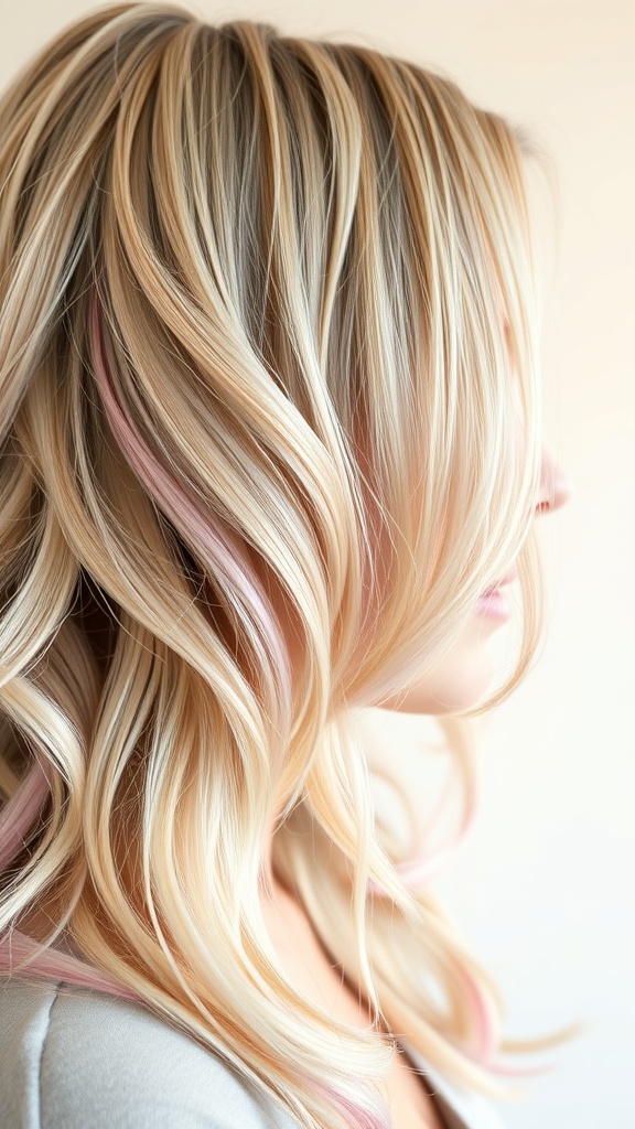 Blonde hair with pastel pink highlights styled in soft waves