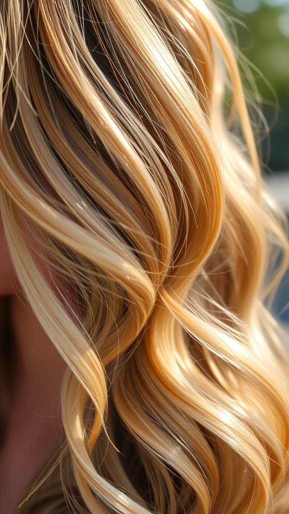 Close-up of hair featuring olive blonde highlights with soft waves