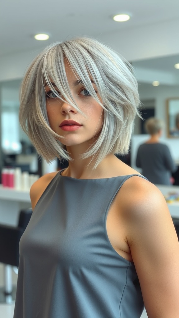 A woman with a silver and blonde highlighted bob hairstyle, showcasing a modern and chic look.