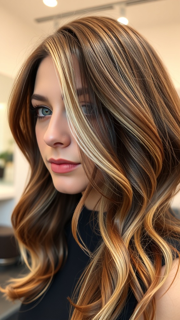 A woman with brown hair featuring chunky blonde highlights, styled in soft waves.