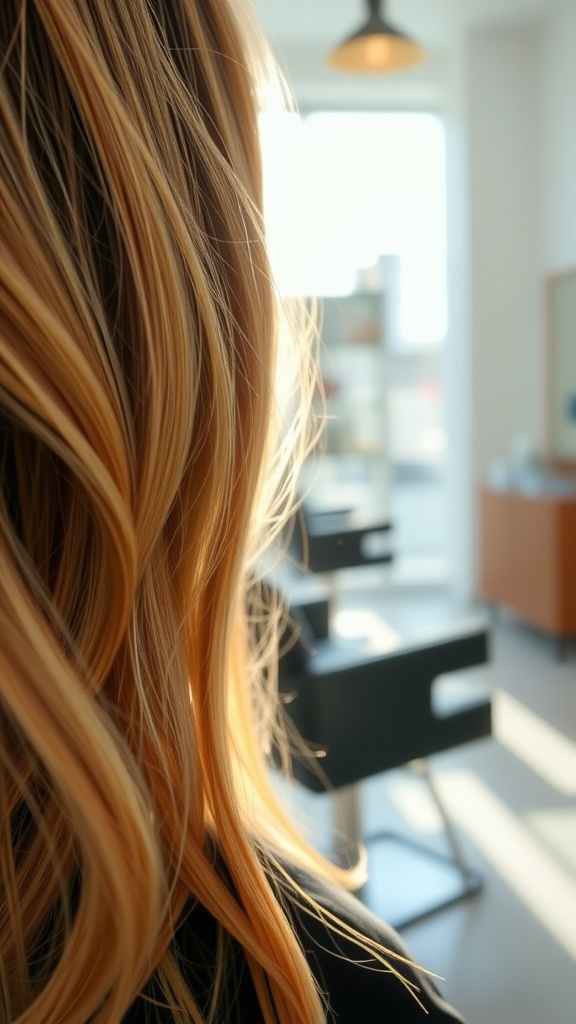 A close-up view of hair with golden honey-blonde highlights, showing soft waves and a warm glow.