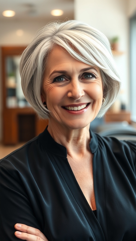 A smiling older woman with a short shag haircut and tapered nape, wearing a black top.