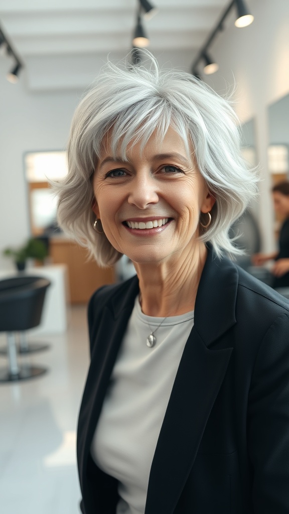 A woman with a messy shag hairstyle featuring wispy layers, smiling in a salon setting.