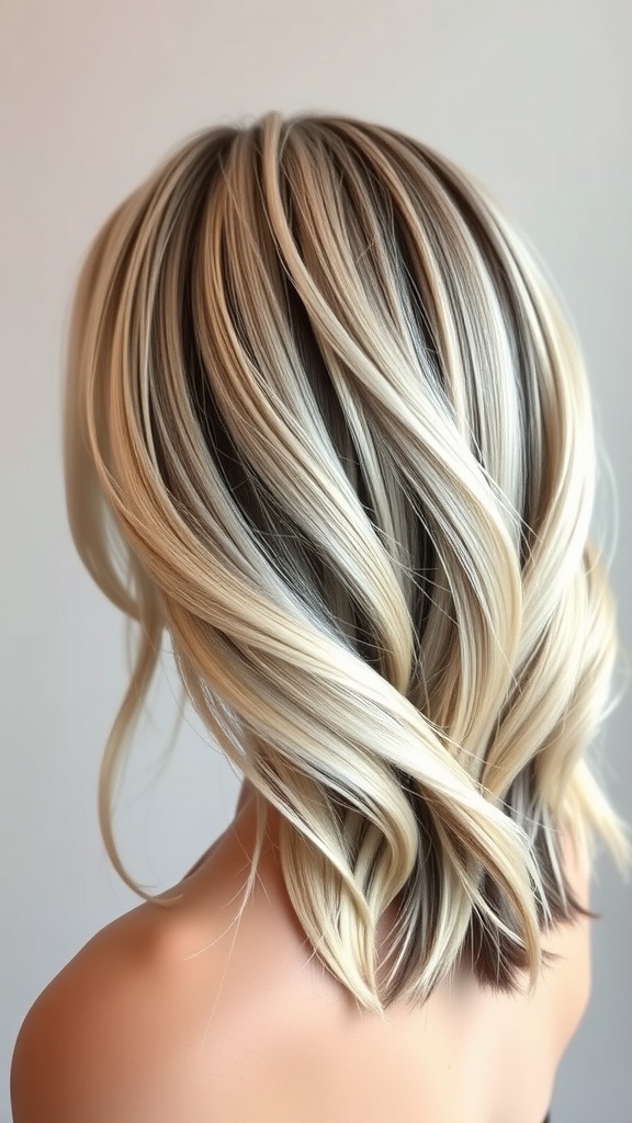 A hairstyle featuring platinum highlights with dark roots, showcasing a stylish and modern look.