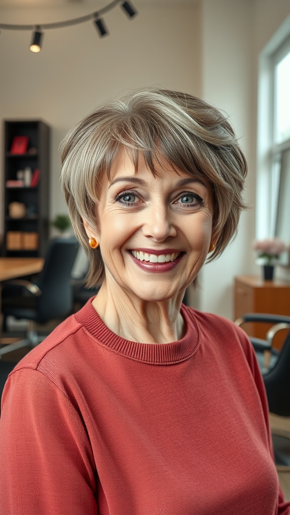 A woman with a short shag hairstyle and feathered bangs, smiling in a modern interior.