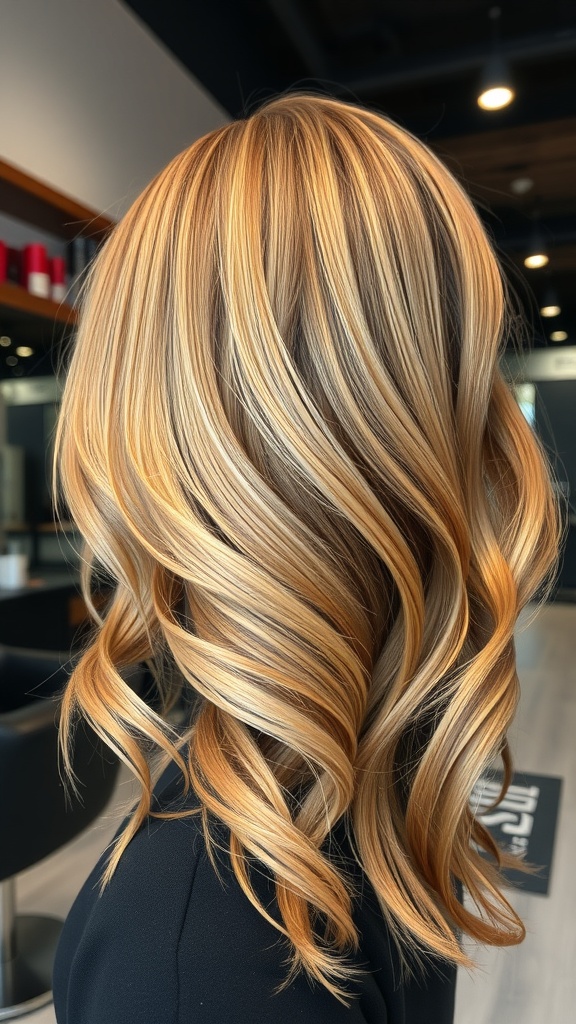 A hairstyle featuring blonde highlights with caramel undertones, styled in soft waves.