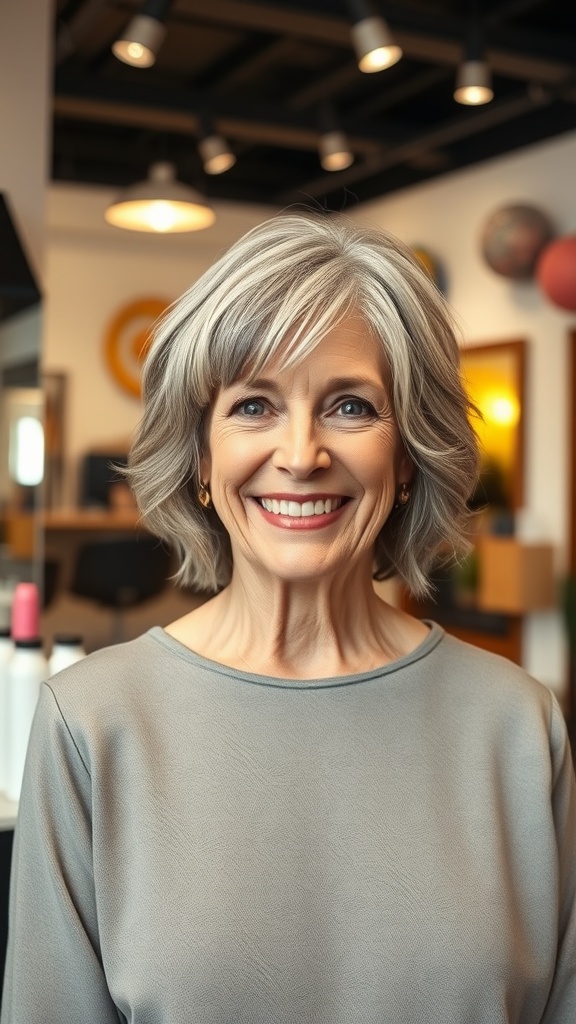 A woman over 60 with a textured shag haircut and choppy fringe, smiling in a modern salon setting.