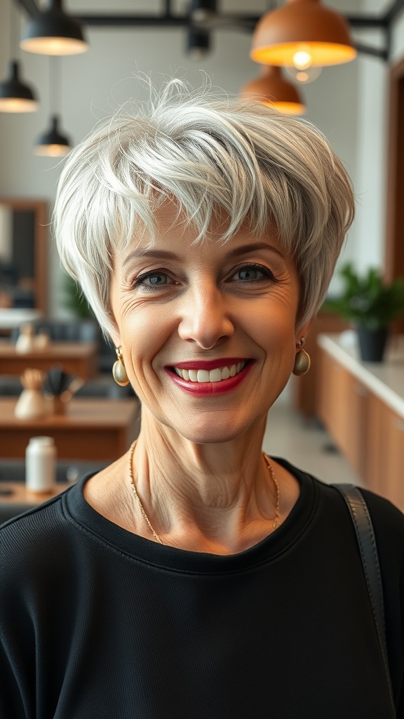 A woman with a razor-cut shag hairstyle, featuring textured ends, smiling in a modern salon setting.
