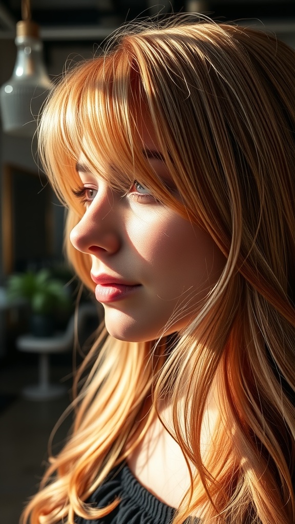 A woman with strawberry blonde highlights, showcasing soft waves and a radiant glow.