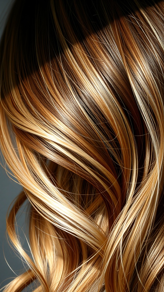 Close-up of medium brown hair with beige blonde highlights, showcasing waves and curls.