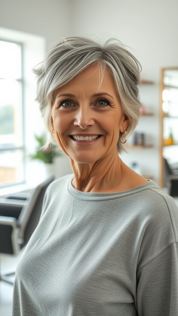 A woman over 60 with a short shag hairstyle and subtle highlights, smiling in a bright, modern setting.