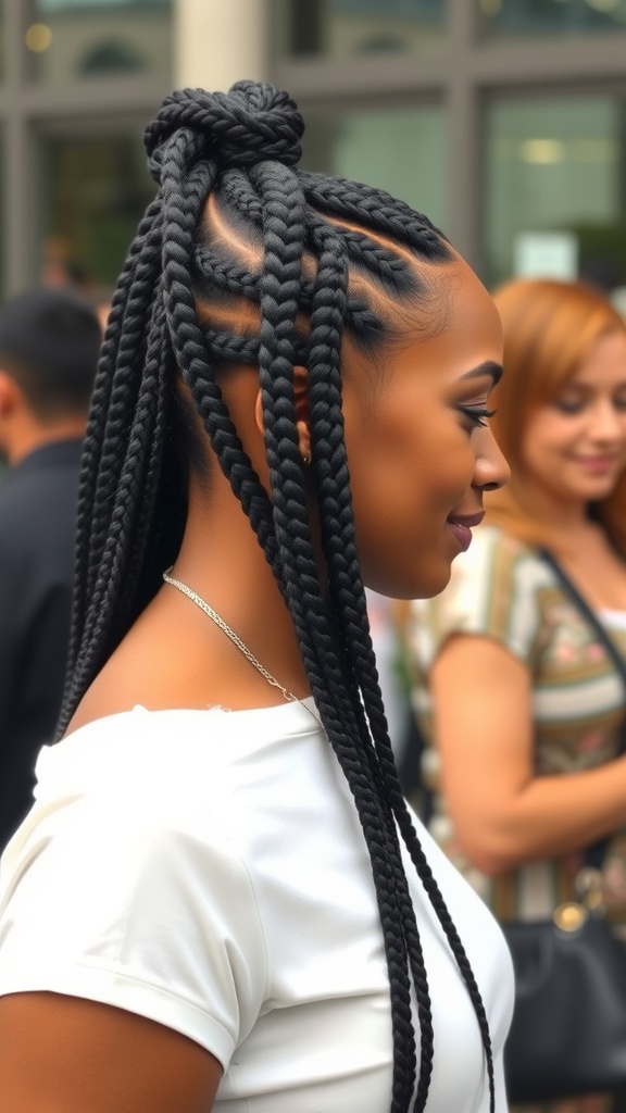 A woman with half-up half-down knotless braids styled in a bun, showcasing intricate braiding.
