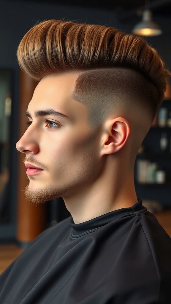 A young man with a high fade haircut and pompadour hairstyle, showcasing a stylish look.