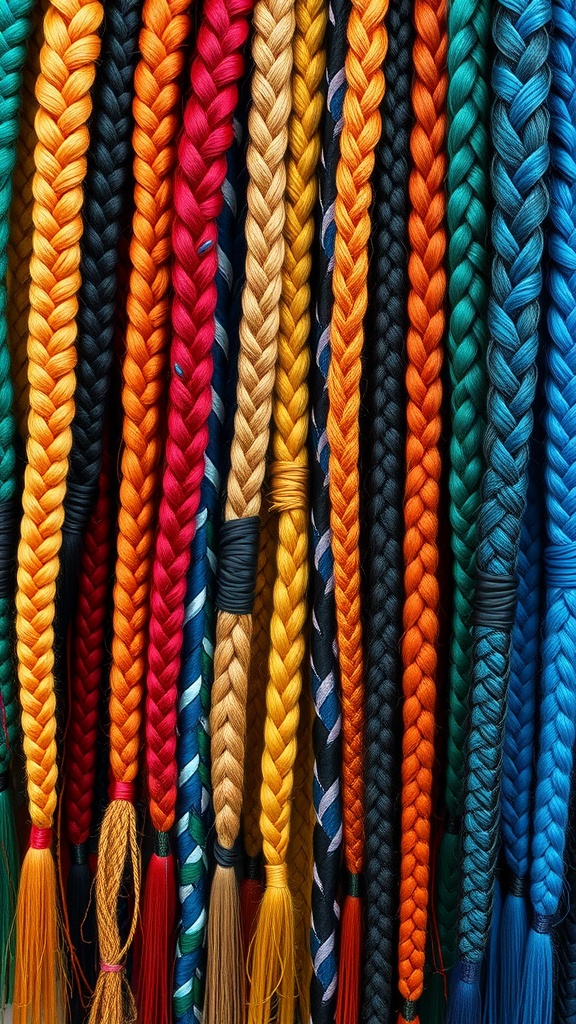 A colorful display of braided strands in various shades including yellow, blue, red, and brown.