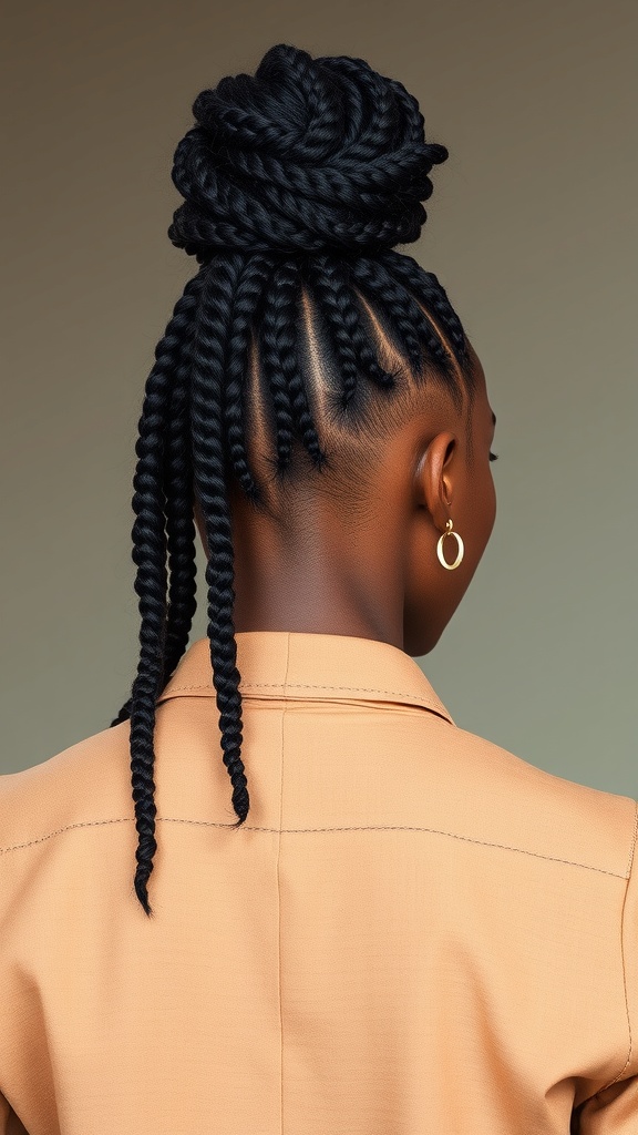 A woman showcasing a stylish bun made from knotless box braids, with long braids flowing down.