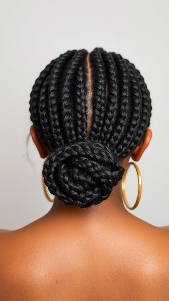 A person with knotless box braids styled in a low bun, showcasing a chic and polished look.