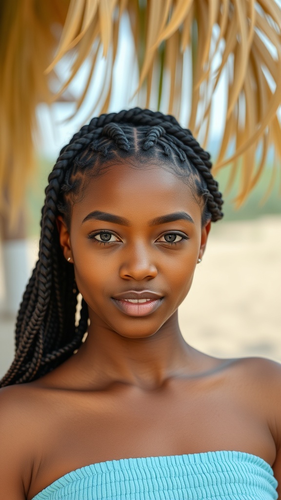A woman with knotless box braids wearing a light blue top, set against a beachy background.
