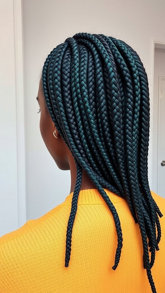 A woman with knotless box braids in a bold teal color, showcasing a stylish hairstyle.
