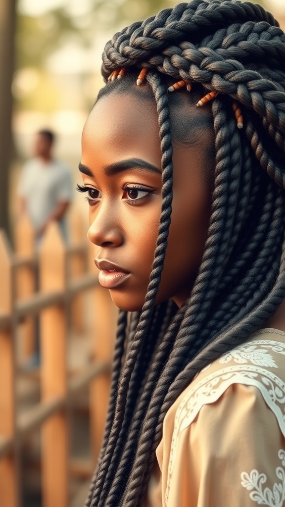 A young woman with knotless box braids styled into a braided crown, showcasing a beautiful hairstyle.