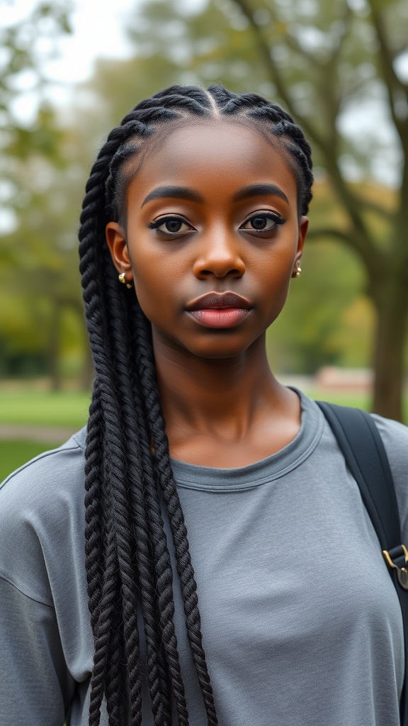 A woman with knotless box braids, wearing a casual gray shirt, outdoors.