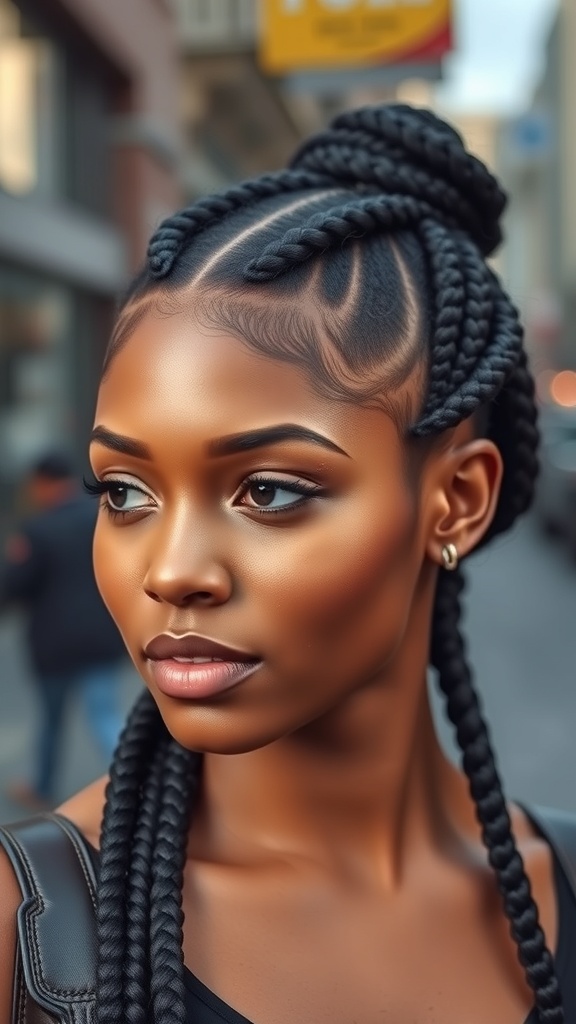 A woman with knotless box braids styled in a center part, showcasing a sleek and modern look.