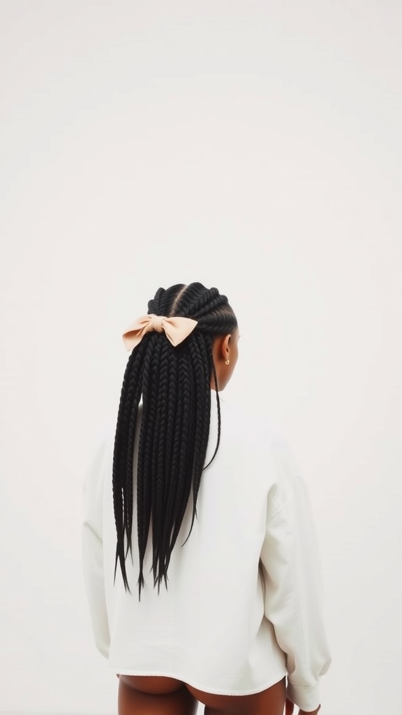 A person with knotless box braids styled with a pastel bow, wearing a white top.