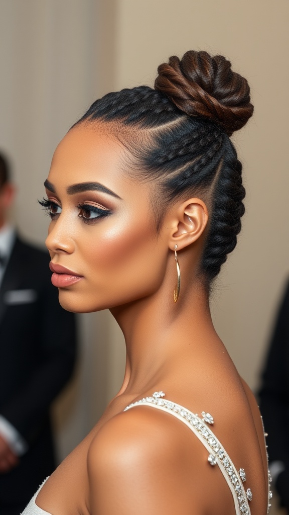 A woman with knotless box braids styled in a chic updo, showcasing a polished and elegant look.