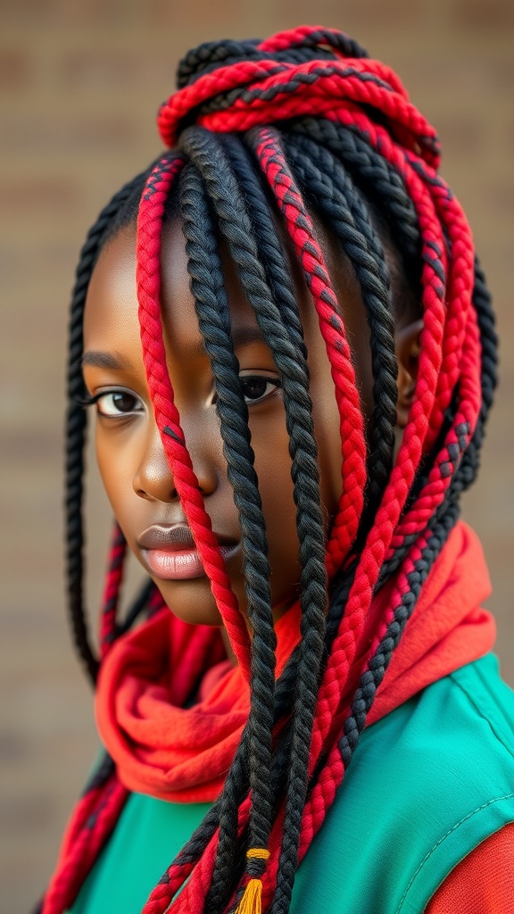 A person with knotless box braids featuring a colorful red wrap, showcasing a stylish and vibrant hairstyle.