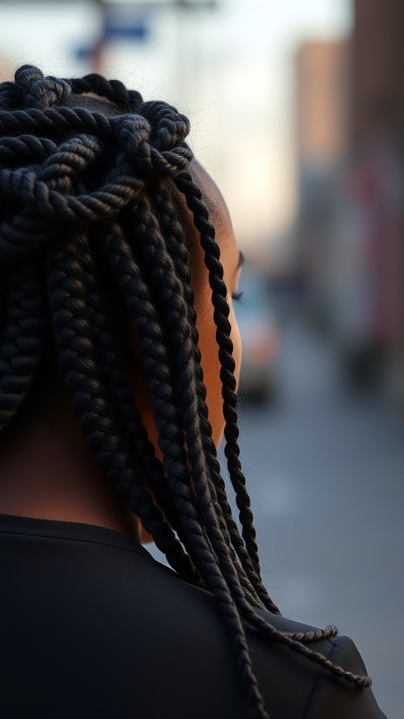 A close-up view of knotless box braids styled with a crown braid.