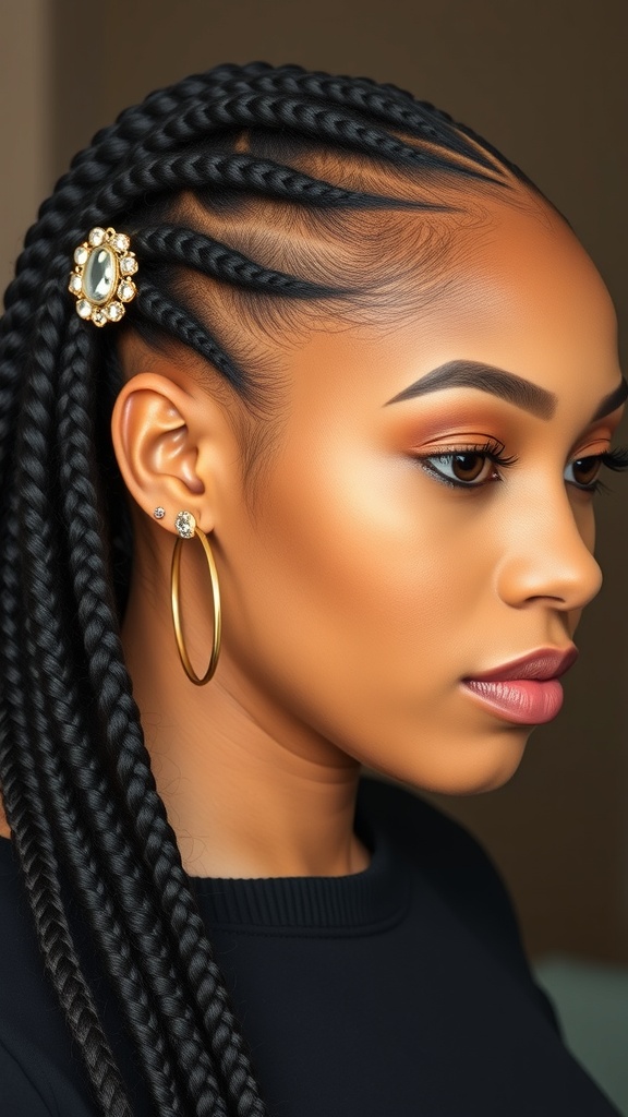A close-up of a woman with knotless box braids styled with a decorative hair pin.