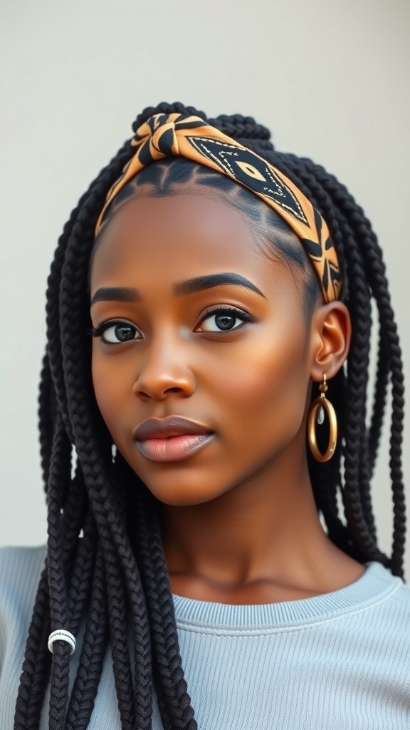 A young woman with knotless box braids wearing a decorative headband.