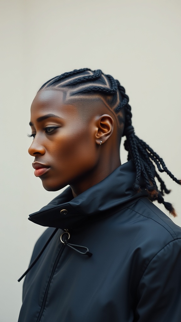 A profile view of a person with knotless box braids and a fade hairstyle.