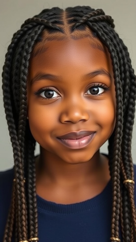 A young girl with knotless box braids, smiling and showcasing her hairstyle.