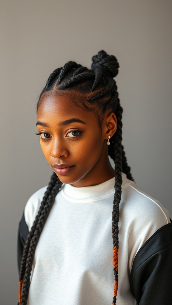 A young woman with knotless box braids styled with orange highlights and a bun, wearing a white and black sweatshirt.
