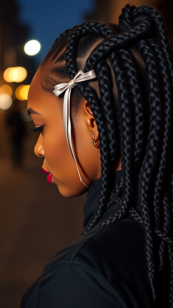 A woman with knotless box braids styled with a ribbon, showcasing a glamorous look.