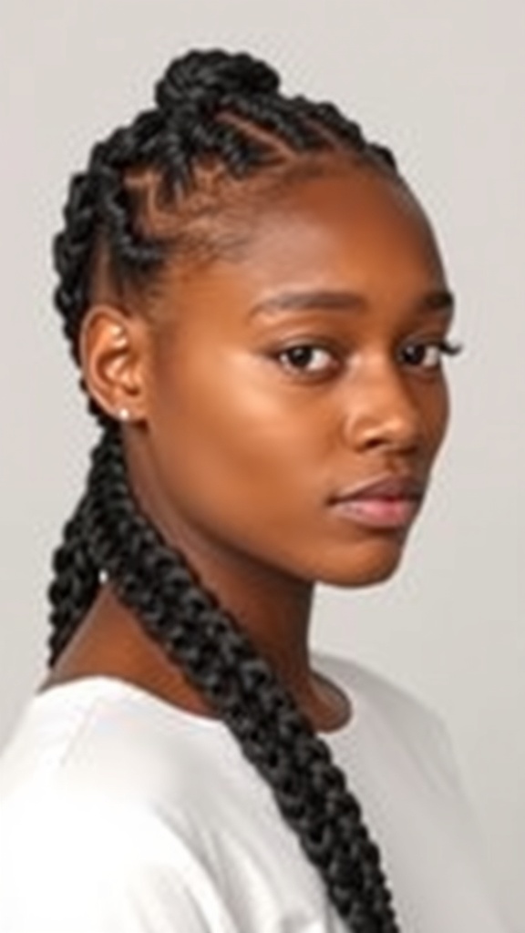 A woman with knotless box braids styled in a low ponytail.