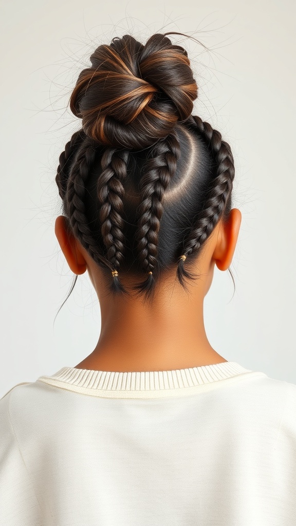 A person with knotless box braids styled into a messy bun, showcasing a chic and casual hairstyle.