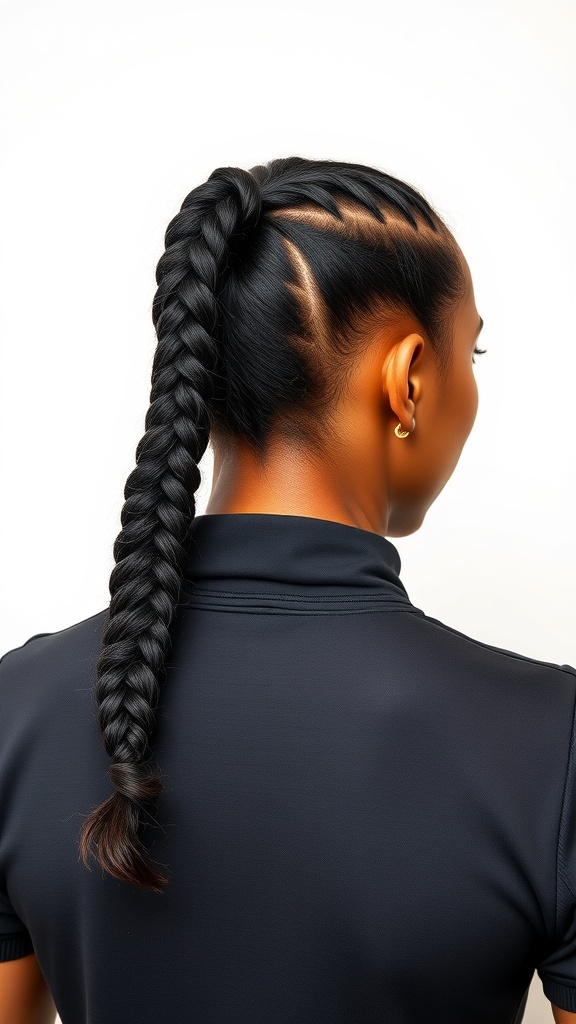 A woman with knotless box braids styled in a sleek ponytail, showcasing a neat and stylish look.