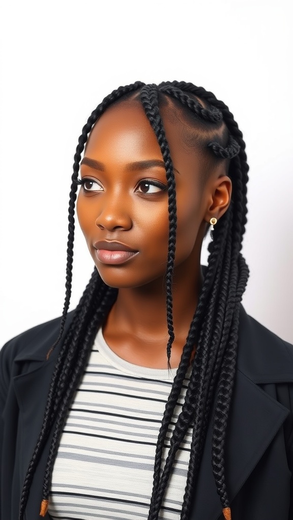 A woman with knotless box braids styled in a retro look, wearing a striped shirt and simple earrings.